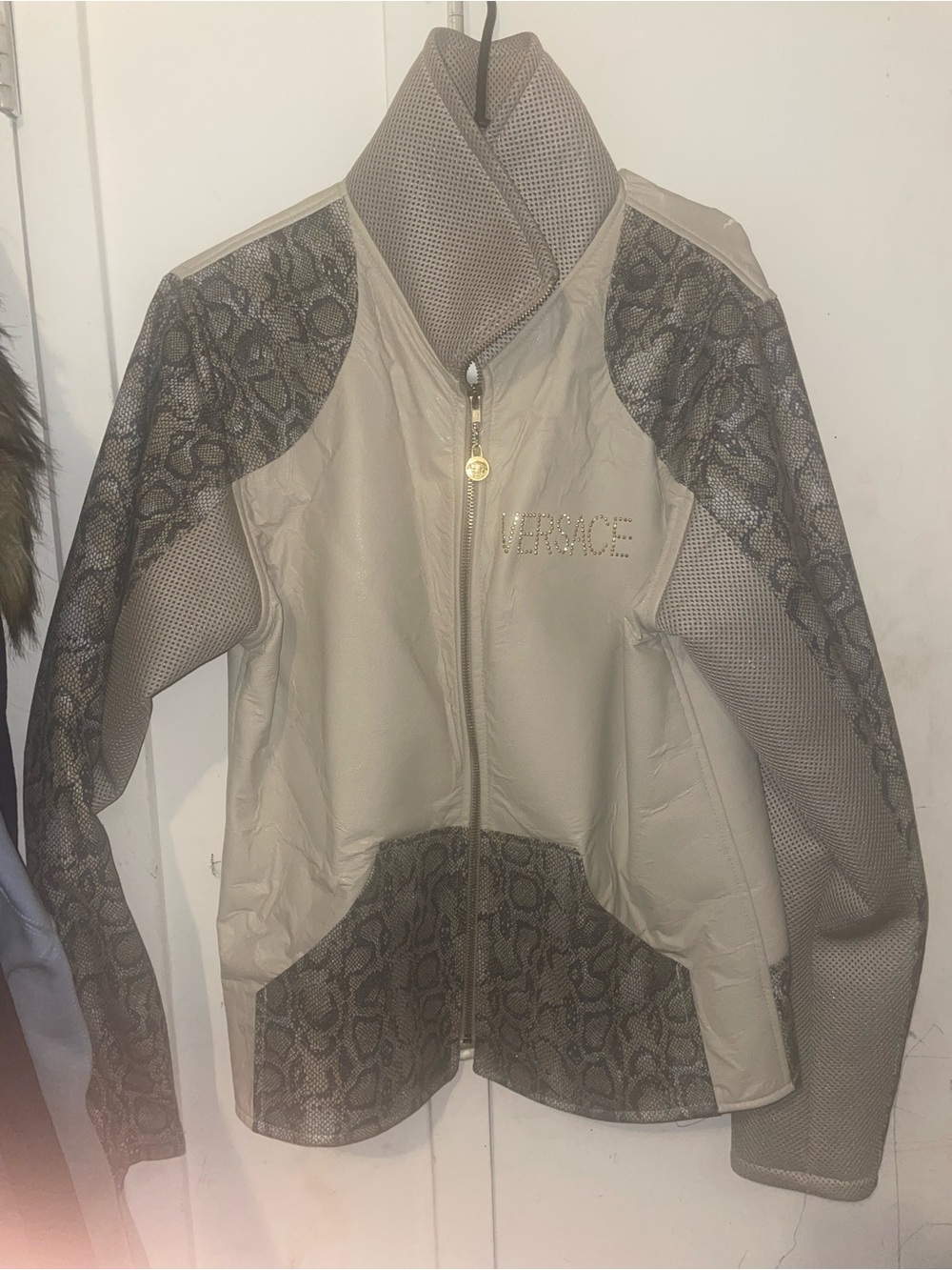 Versace Taupe & Beige Snake-Print Mixed-Media Bomber Jacket